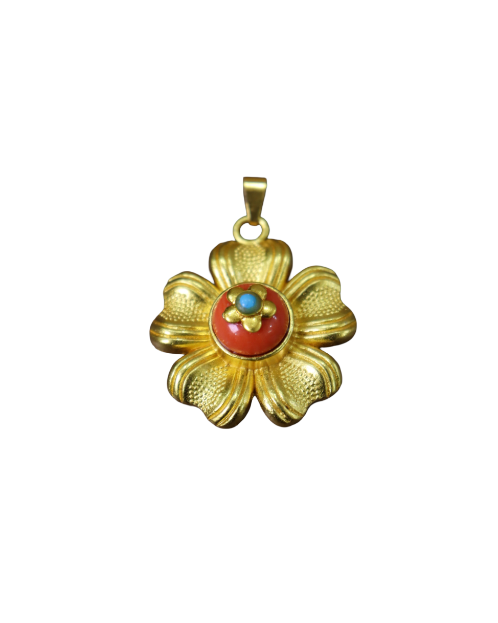 Gold Vermeil Flower Pendant with Red Coral & Turquoise Cabochon