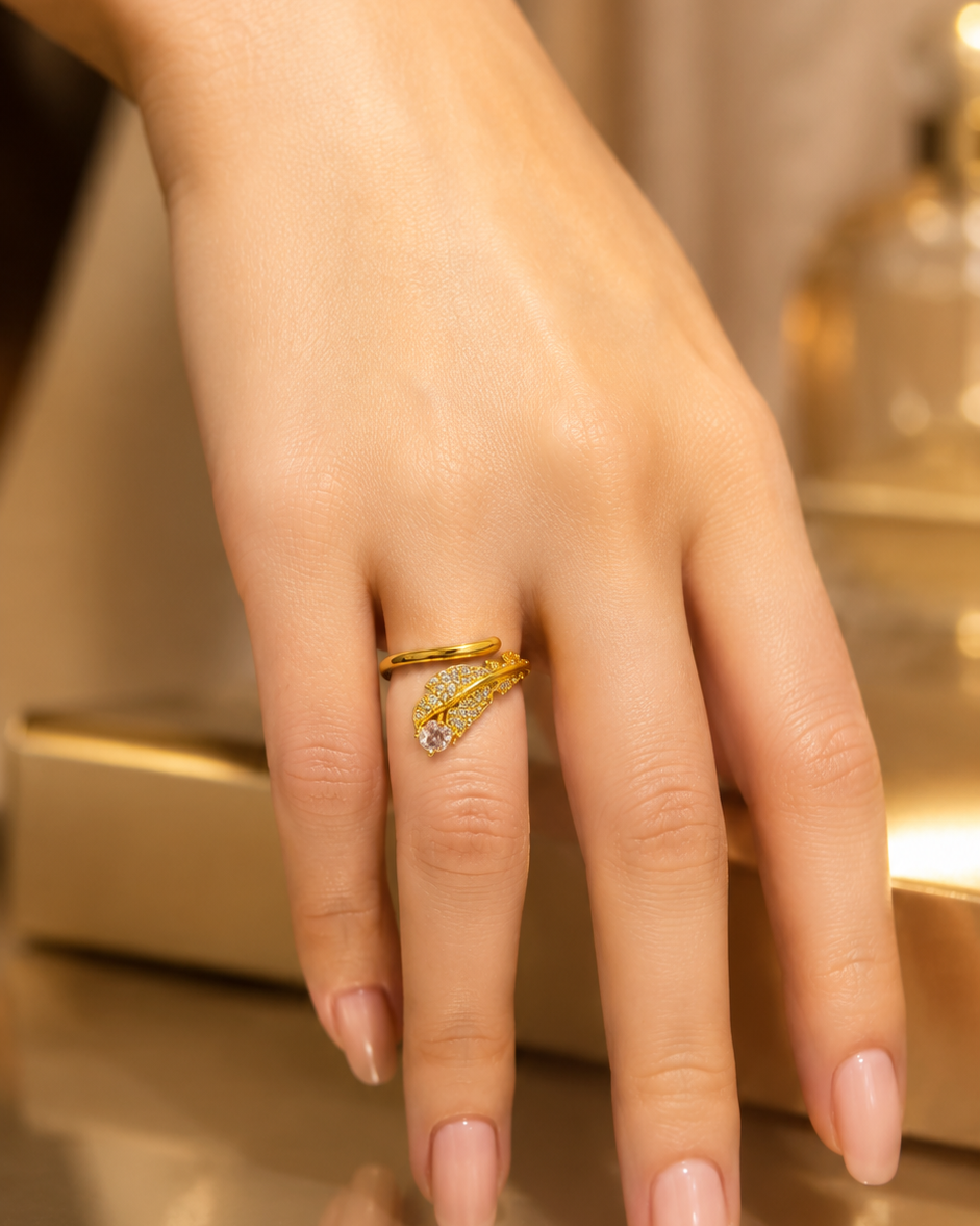Gold-Plated Adjustable Feather Ring with Intricate Crystal Details