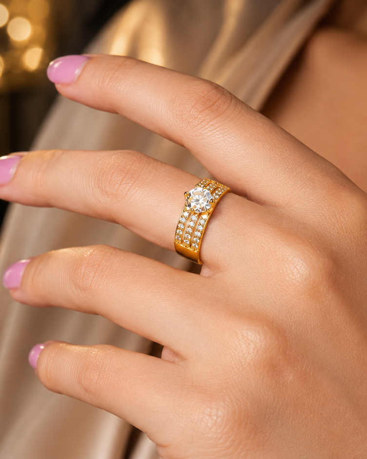 Golden Ring with Large Center Stone & Triple Row Accent Stones