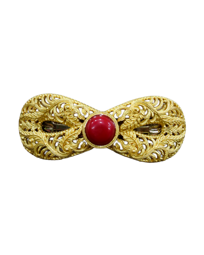 Vintage Czech Gold-Tone Metal Leaf Hair Barrette with Red Glass Cabochon