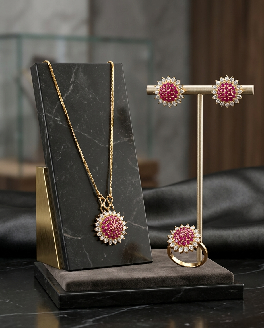 Gold-Plated Sunflower Pendant Necklace with Pink Ruby Center and Diamond Simulants