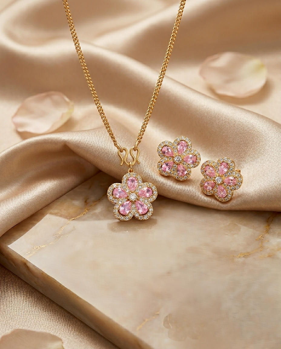 Floral Necklace Set with Pink Teardrop Crystals and Sparkling White Stones