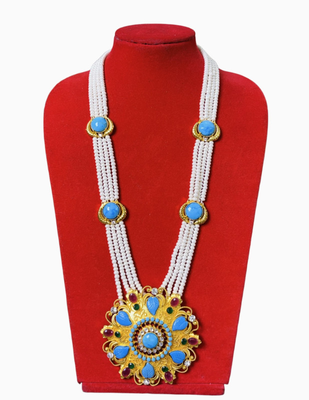 Gold-Plated Tibetan Khau Necklace | Cultured Pearls & Turquoise Stones | Traditional Himalayan Jewelry