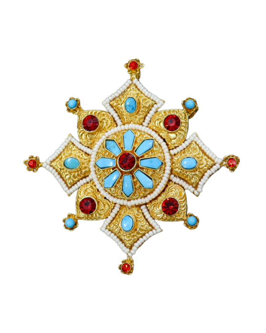 Gold-Plated Tibetan Ghau (Khau) Amulet Pendant – Turquoise & Coral Inlay Prayer Box