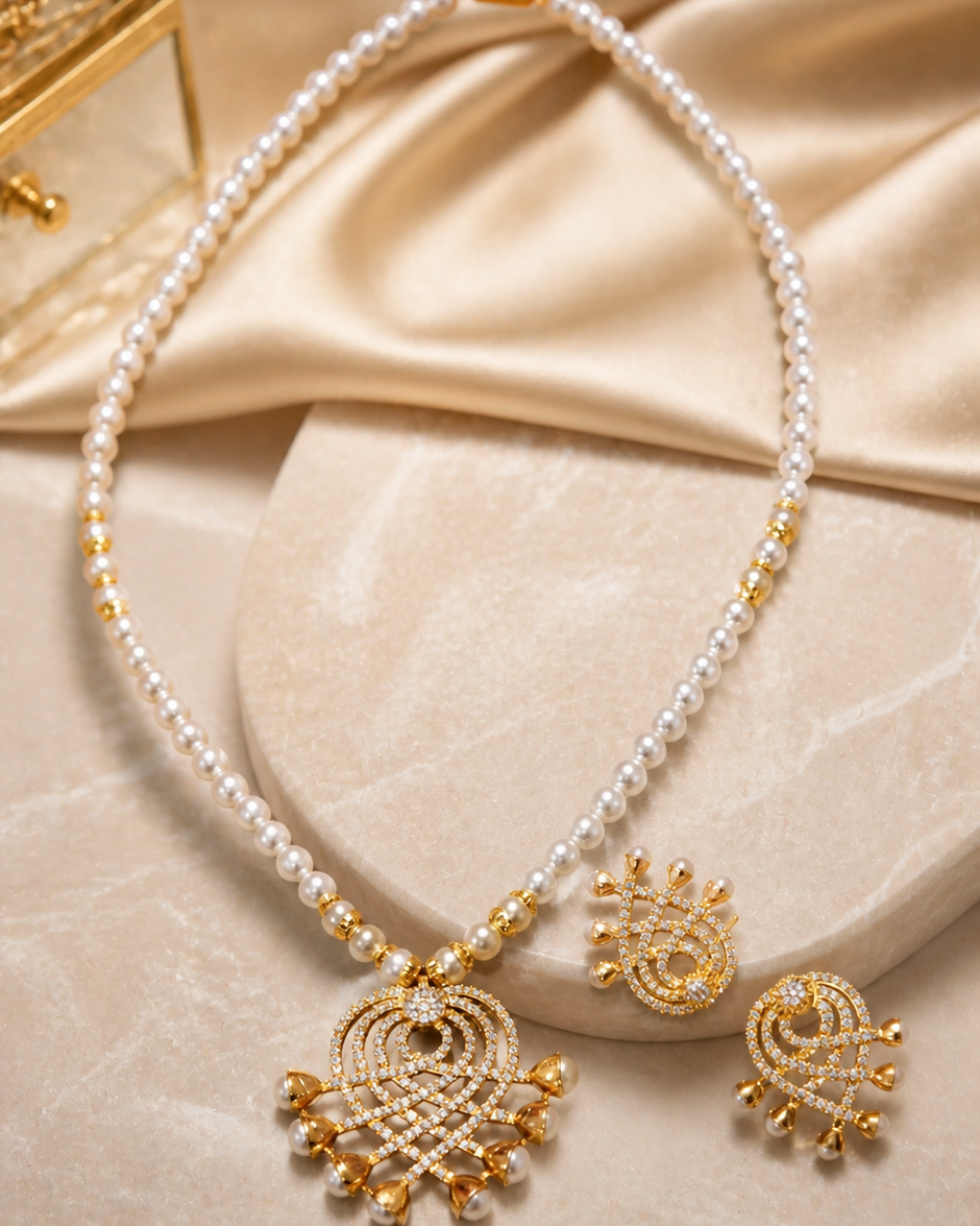 Elegant Freshwater Pearl Necklace Set with CZ Stone-Studded Pendant for Women