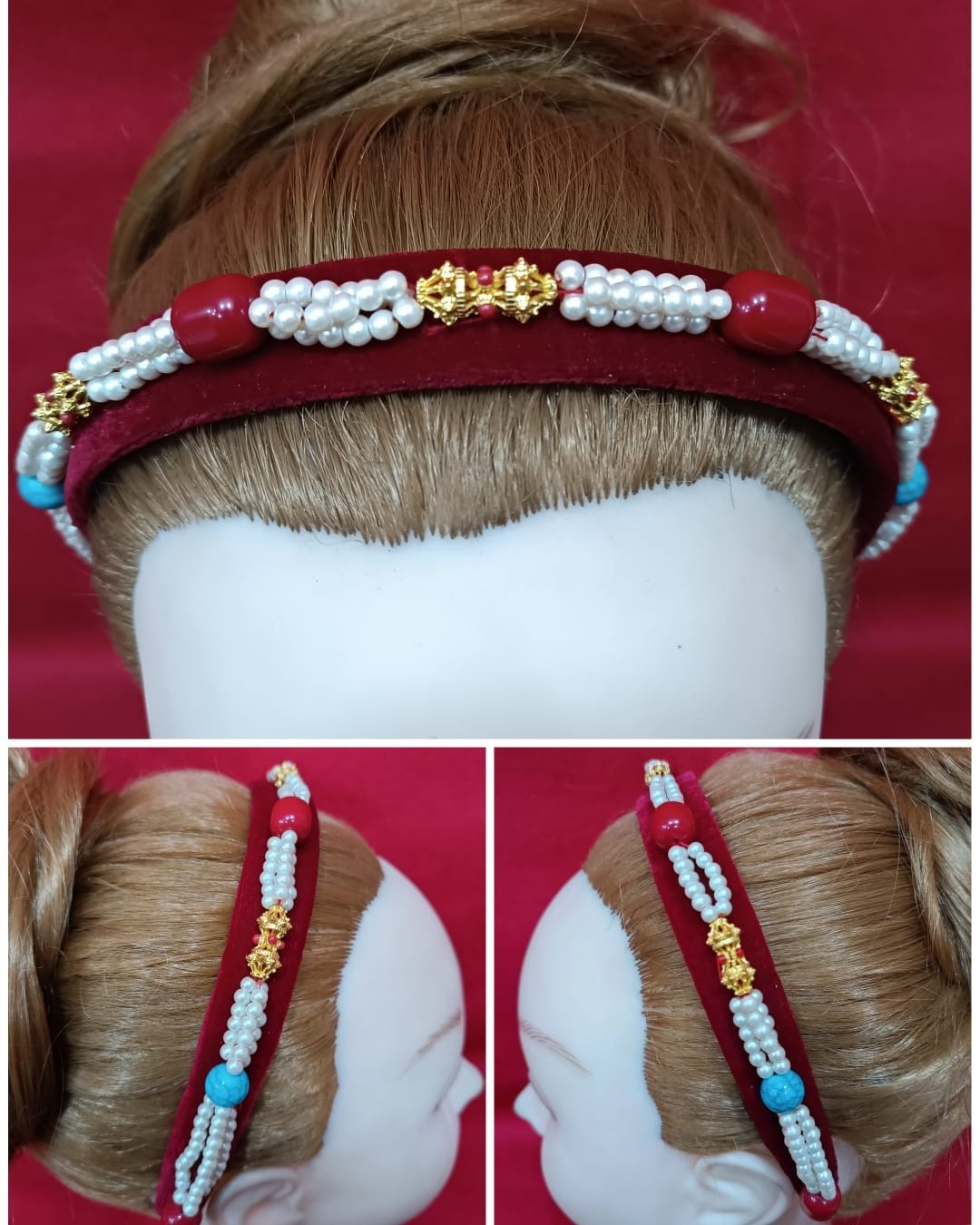 Maroon Velvet Beaded Hairband with Pearls & Turquoise Accents