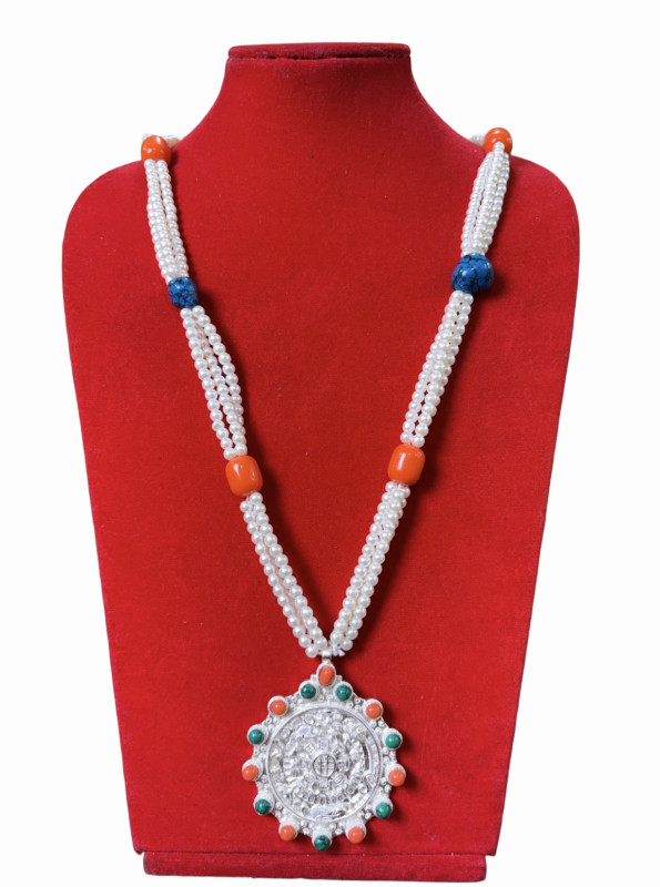 Nepali & Tibetan-Style Ghau Mala Necklace | Gold-Plated Pendant with Pearl Strands, Turquoise & Red Coral Accents | Handmade Jewelry
