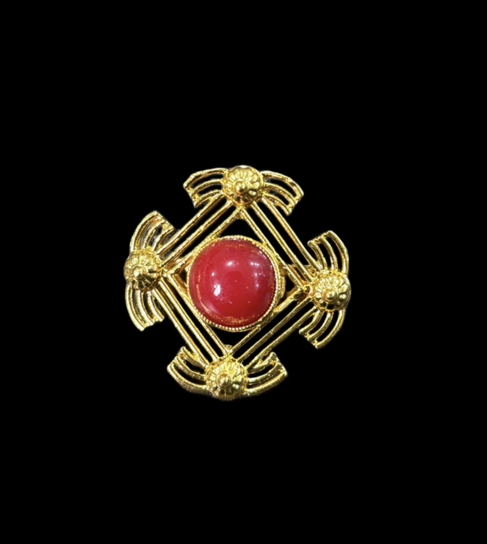 Vintage Gold-Tone Filigree Brooch with Red Cabochon – Statement Pin