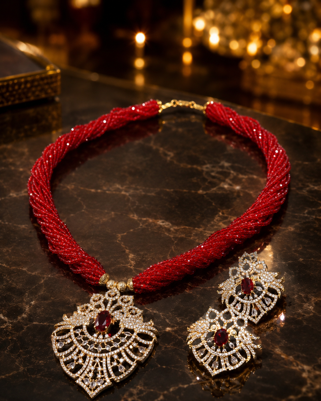 Royal Crimson Red Beaded Necklace Set with Ornate Pendant & Red Stone Accent
