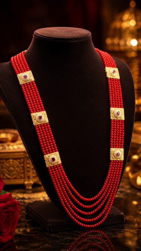 Multi-Layered Red Bead Necklace with Gold-Plated Ruby Crystal-Studded Rectangular Spacers