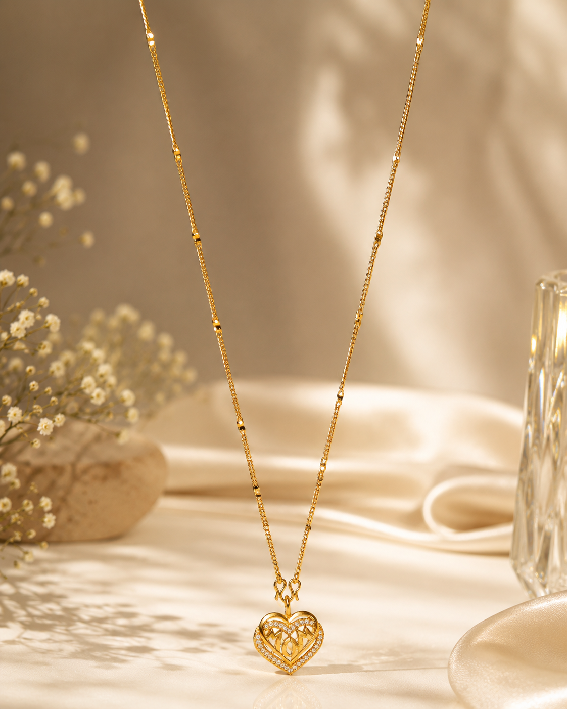 Gold-Plated Filigree Heart Pendant Necklace with Beaded Delicate Chain