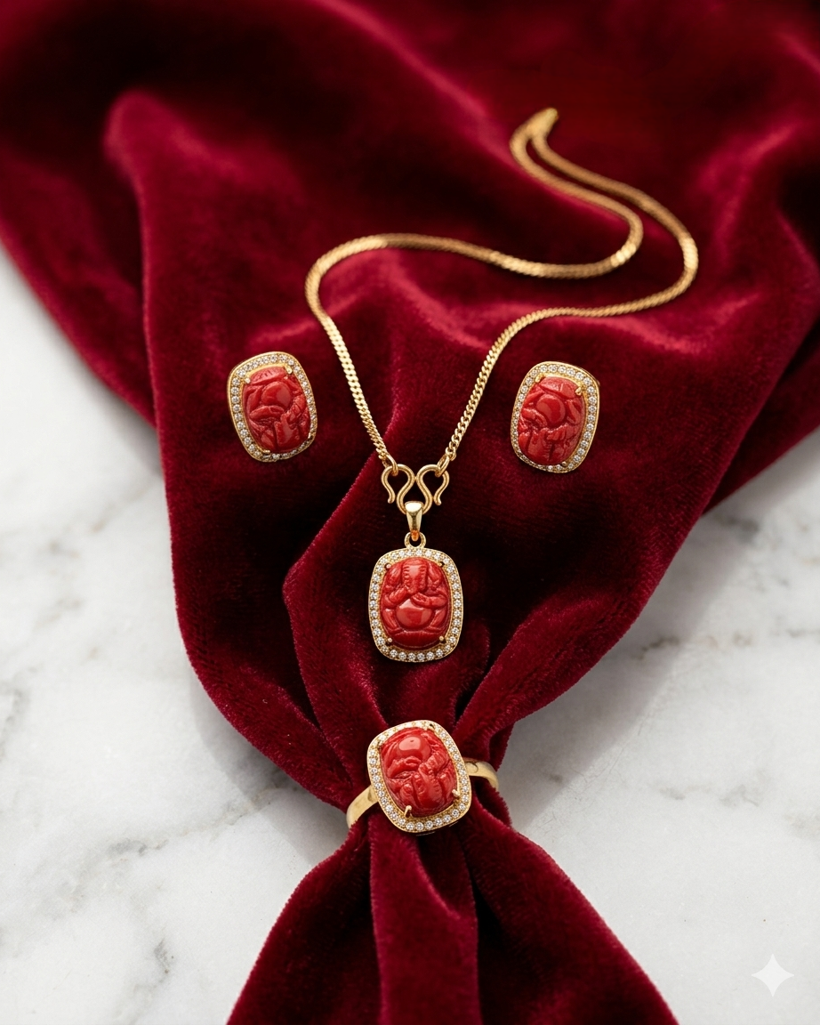 Gold-Plated Ganesh Jewelry Set with Red Coral Muga Stones and Zircon Diamond Accents