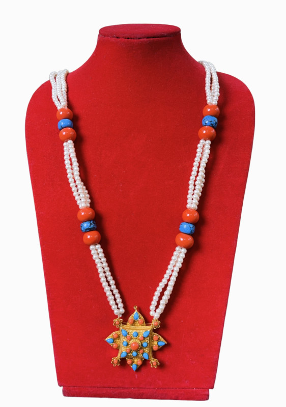 Tibetan Jhuru Necklace | Gold-Toned Pendant with White Pearls, Red & Blue Beads | Traditional Himalayan Jewelry