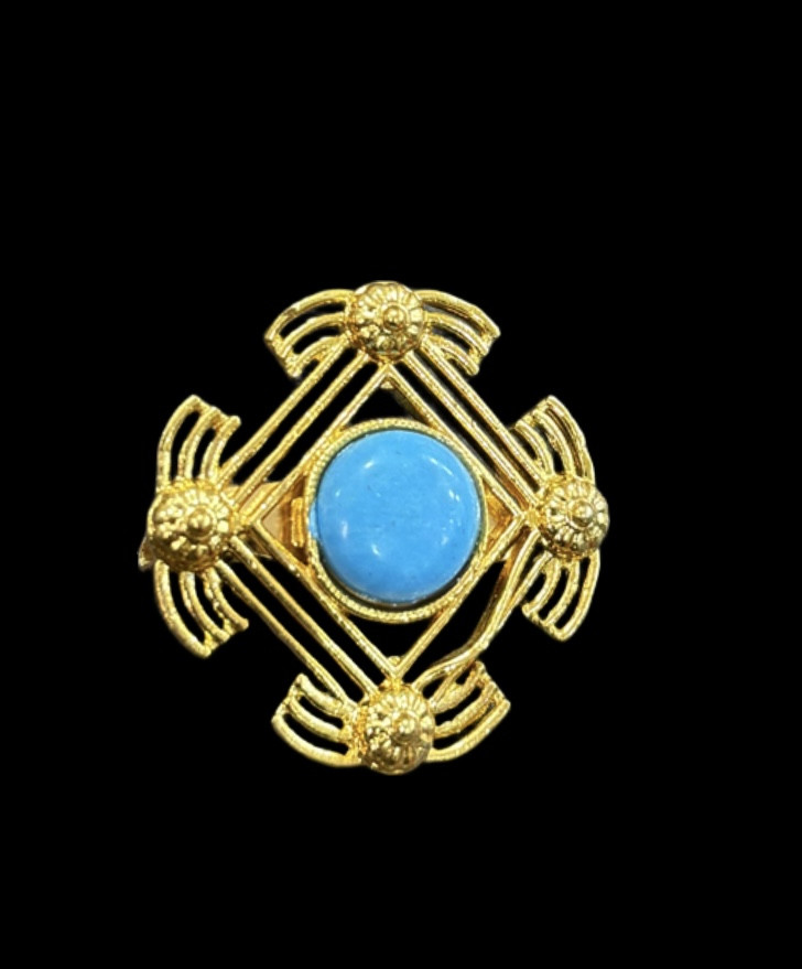Gold-Tone Maltese Cross Brooch with Turquoise-Colored Cabochon Stone