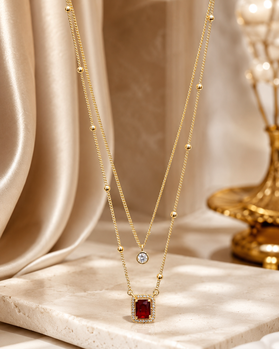 Layered Gold-Plated Necklace with Red Crystal Pendant