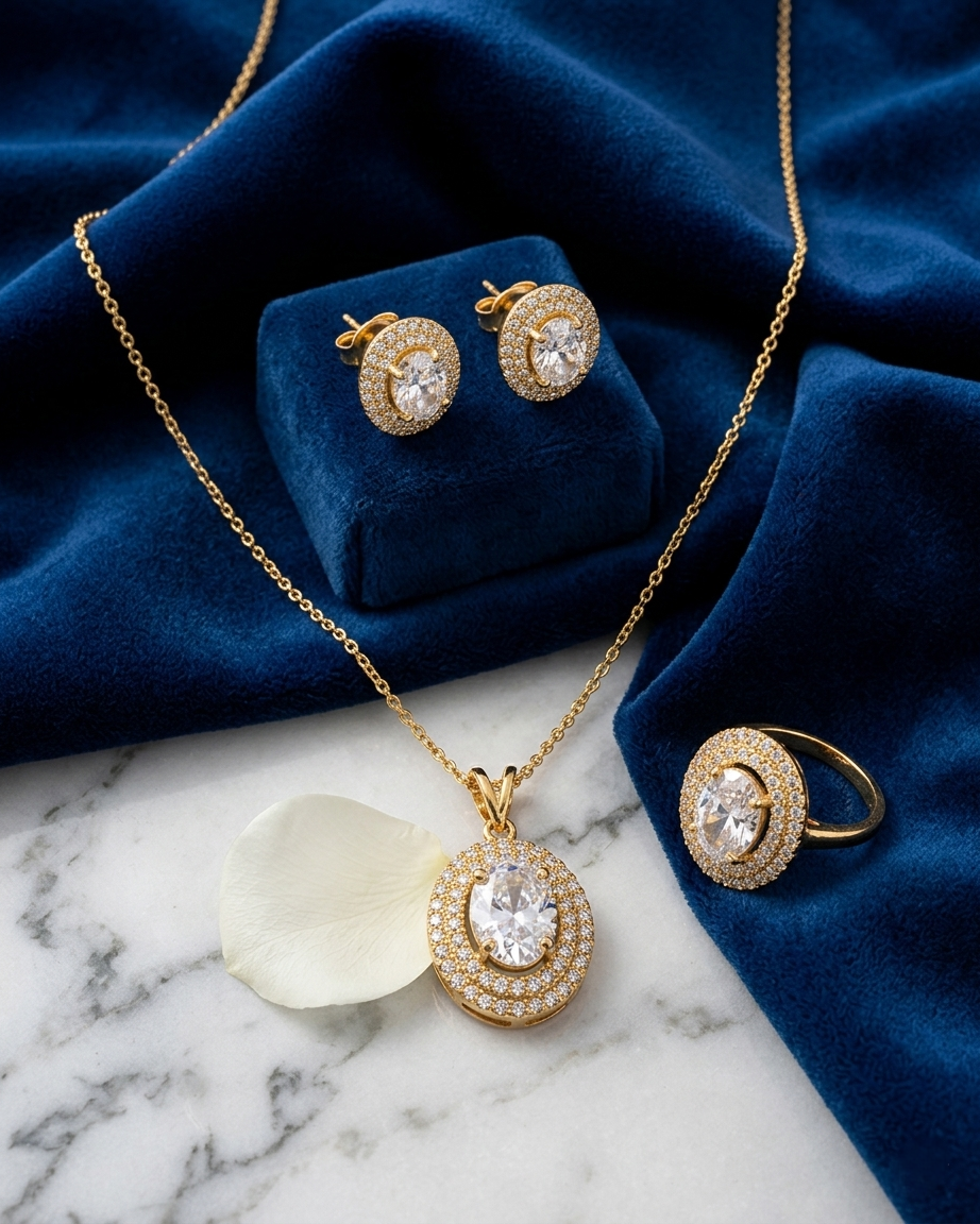 Gold-Plated Oval Halo Pendant Necklace Set with Matching Stud Earrings