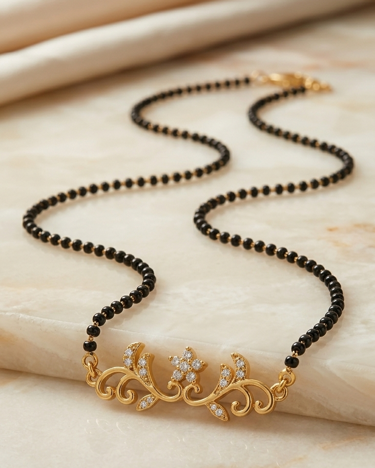 Gold-Plated Floral Vine Mangalsutra with White Stones for Women | Elegant Traditional Jewelry