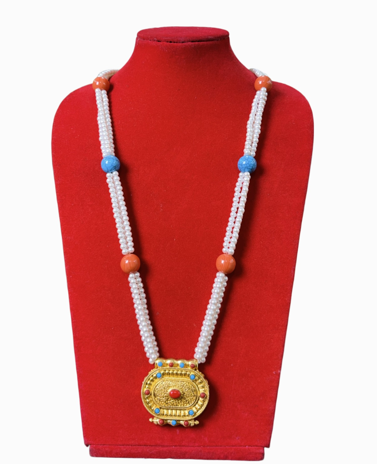 Traditional Gold-Plated Tibetan Ghau (Khaw) Amulet | Pearl Mala Necklace with Coral & Turquoise Beads | Handmade Jewelry