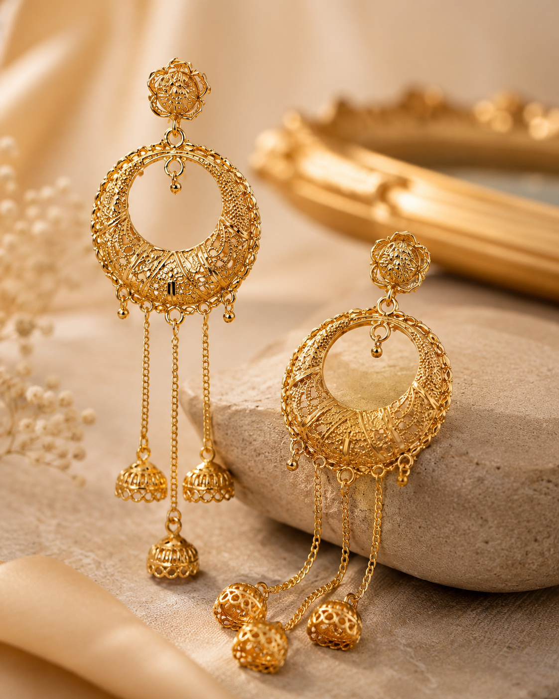 Gold-Plated Jhumka Earrings with Chain Tassels & Ghungroo Bells