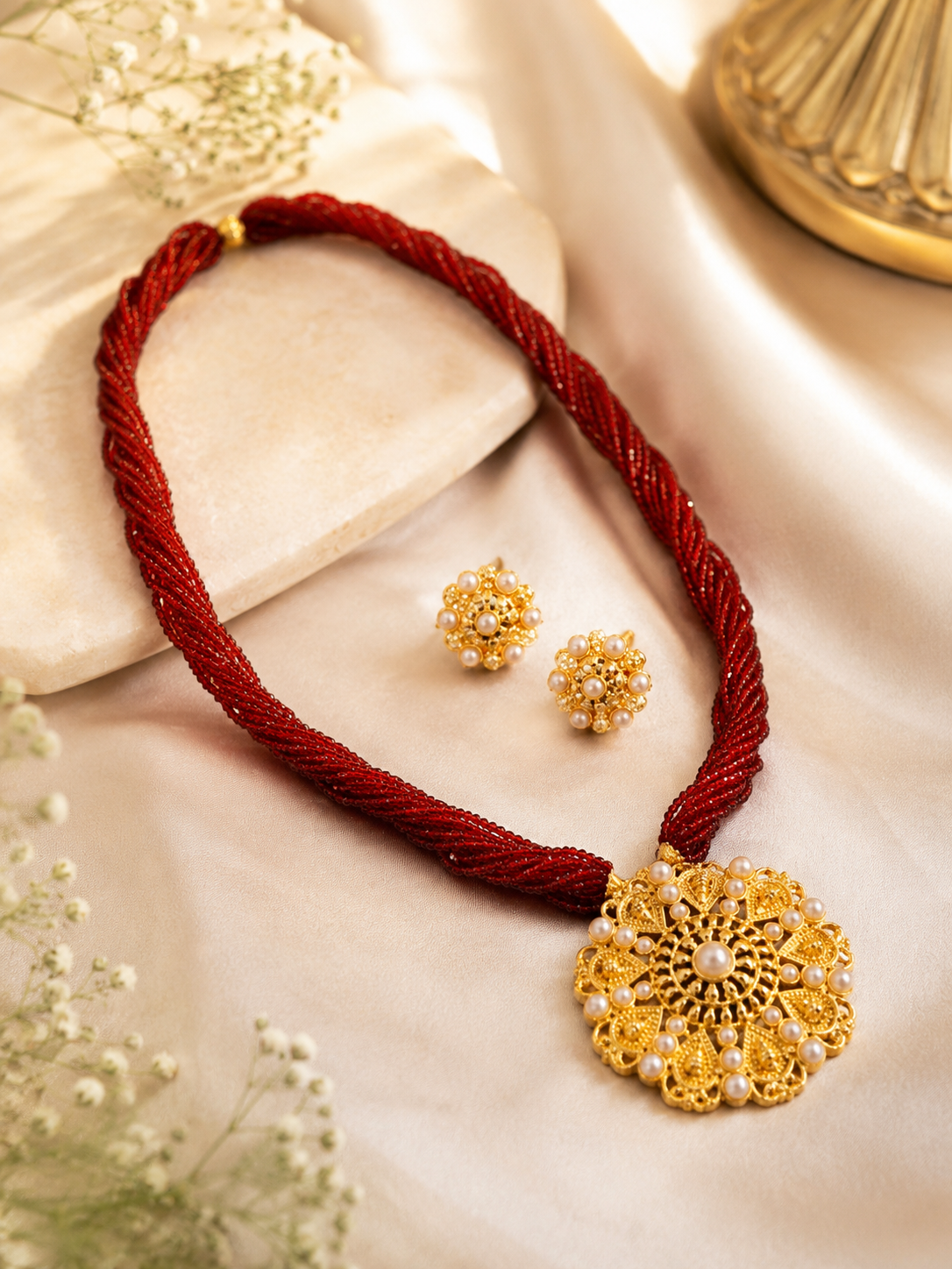 Ruby Pearl Mandala Necklace Set