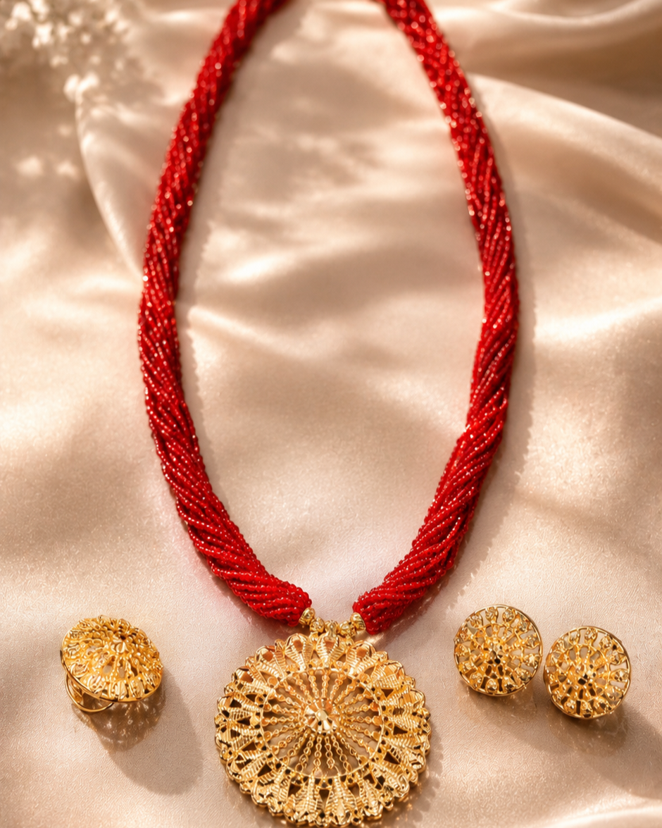 Traditional Nepali Pote Mala Necklace Set with Red Bead Strands & Gold-Plated Circular Pendant