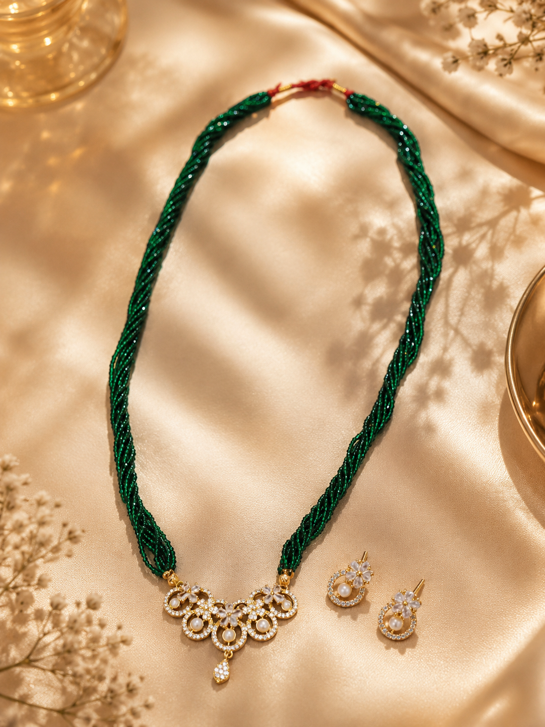 Gold-Plated American Diamond Necklace Set with Green Beads & Central Locket
