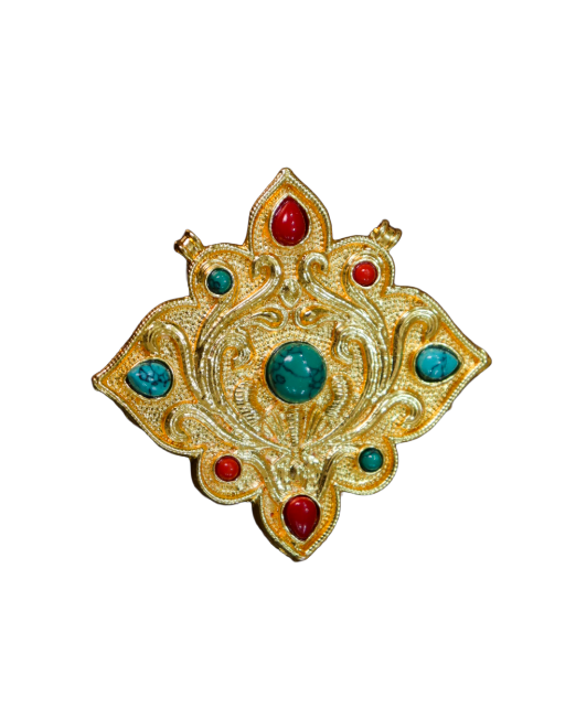 Gold-Plated Tibetan Ghau Amulet / Prayer Box Pendant with Turquoise & Coral Stones