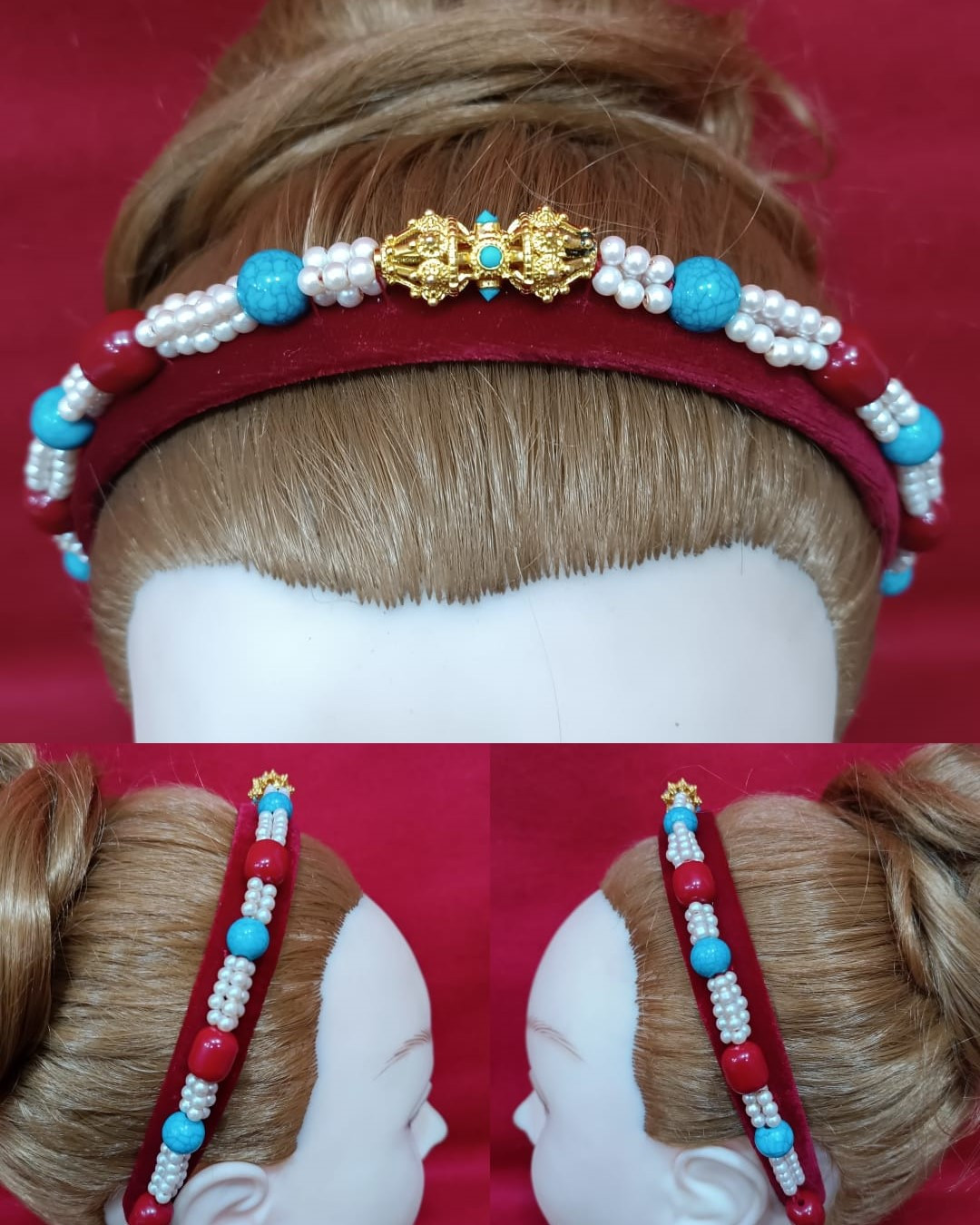 Traditional Tibetan Braided Hairband with Turquoise & Coral Beads