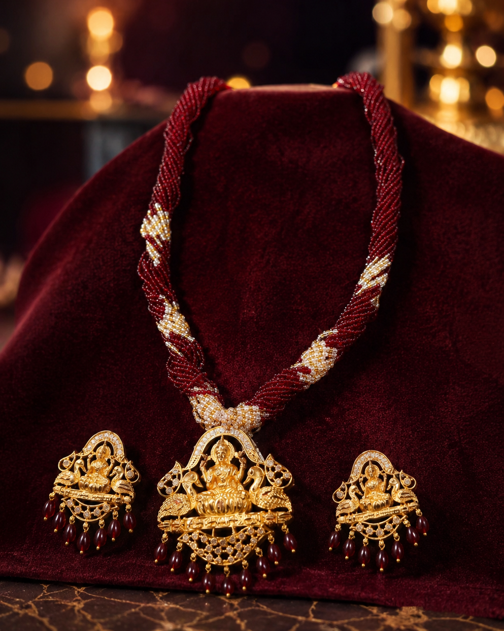 Temple Jewelry Set with Goddess Lakshmi Gold-Plated Pendant & Maroon Bead Necklace