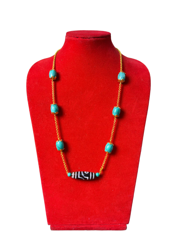 Turquoise & Gold-Tone Necklace with Black & White Bead Pendant
