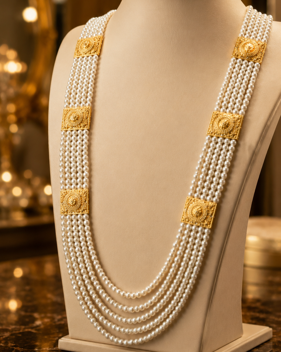 Royal Pearl Cascade Multi-Layer Gold Accent Necklace