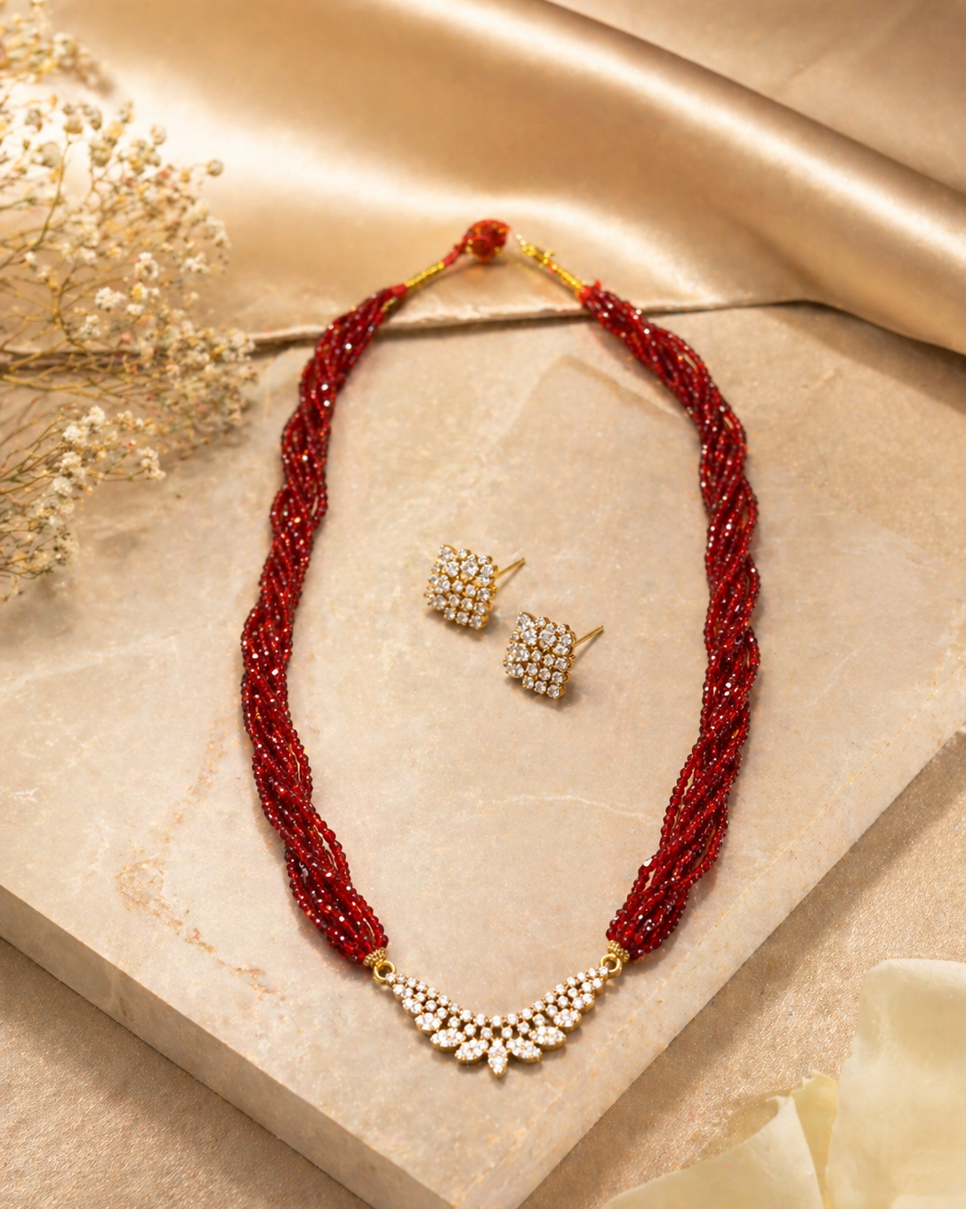 Nepali Traditional Red Bead Tilhari Pote Mala Necklace Set with Gold-Plated Accents
