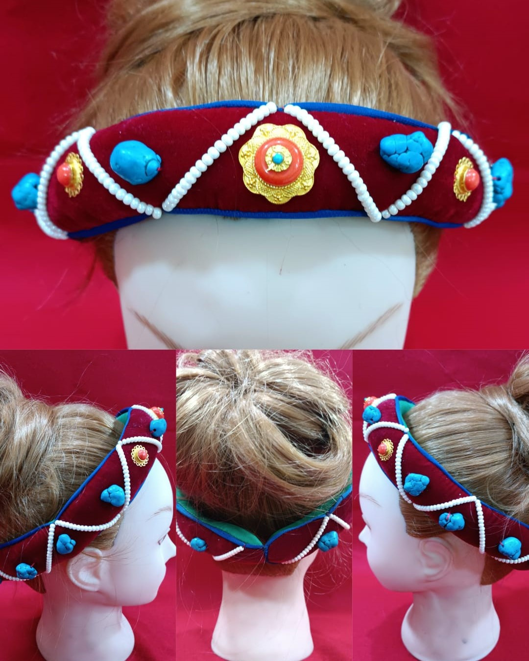 Tibetan-Style Beaded Headband with Gold & Turquoise Trim