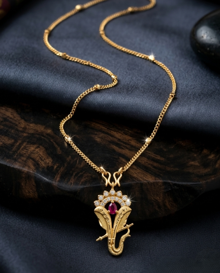 Gold-Toned Ganesha Pendant Necklace with CZ Stones & Ruby Accent