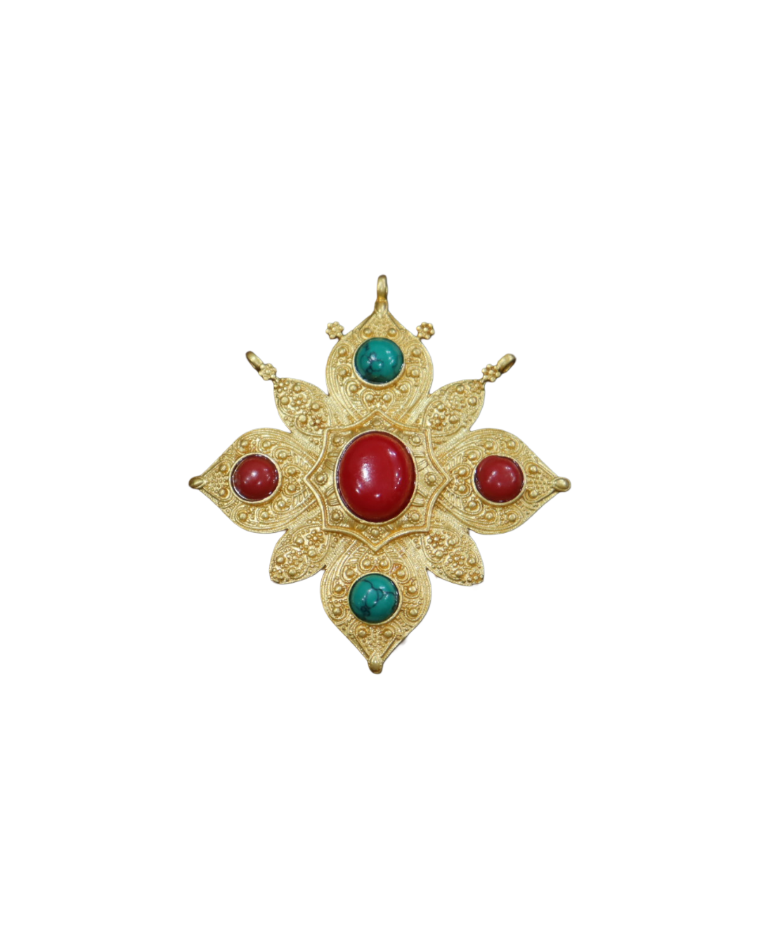 Gold-Plated Tibetan Ghau Amulet Prayer Box Pendant with Turquoise & Coral Stones