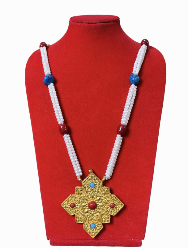 Traditional Gold-Plated Nepali & Tibetan Ghau Mala Necklace | Large Pendant with White Beads & Red and Blue Stone Accents