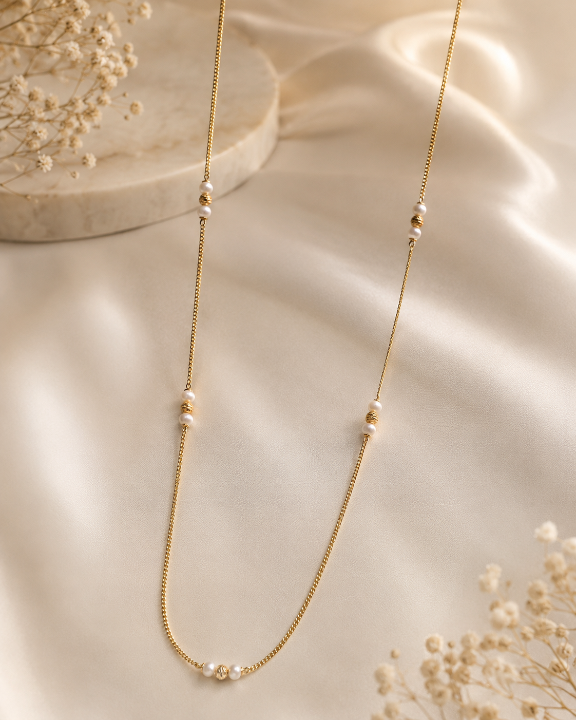 Gold Chain Necklace with Station Pearls and Textured Gold Beads