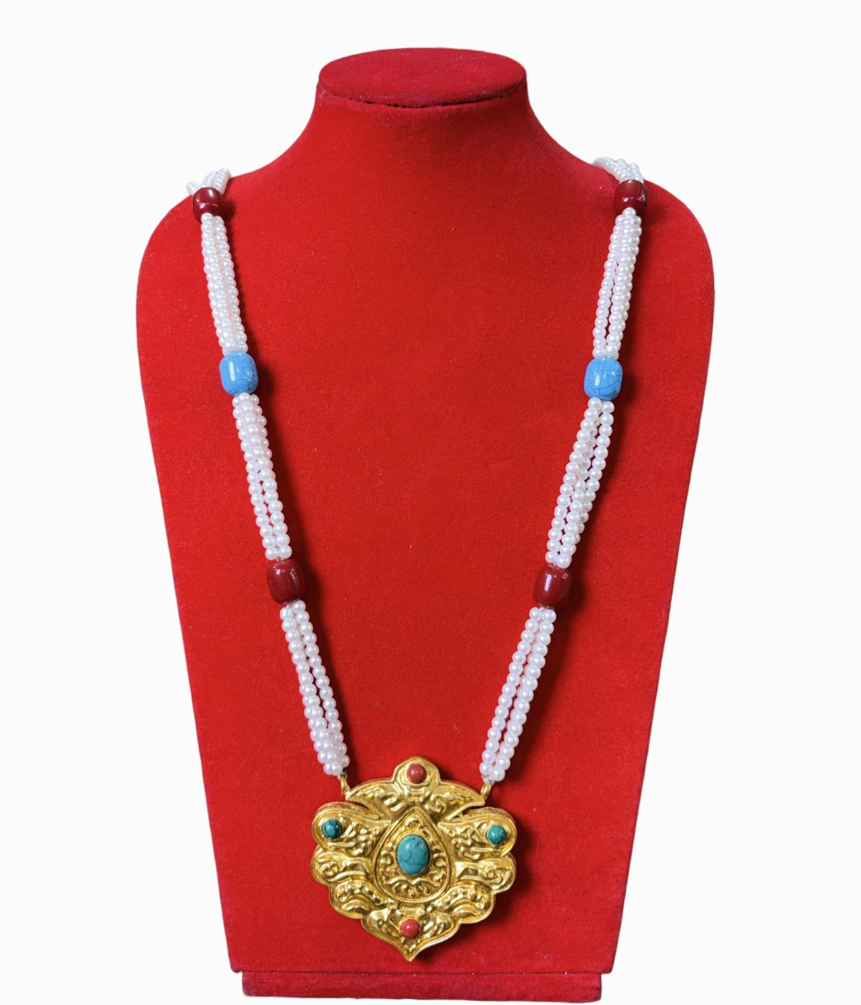 Gold-Plated Ghaau (Gau) Tibetan-Style Necklace | Pendant with Turquoise & Red Stone Accents | Handmade Jewelry