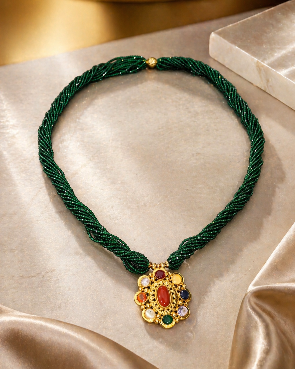 Navaratna Heritage Green Thread Necklace