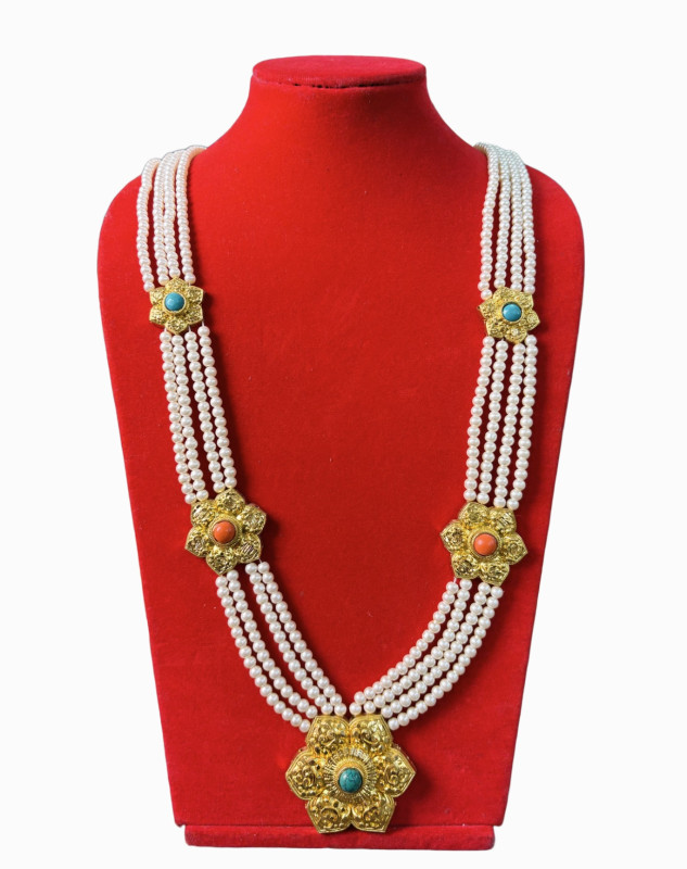 Gold-Plated Panchadhatu Moti Chandra Haar Pearl Necklace with Turquoise & Coral