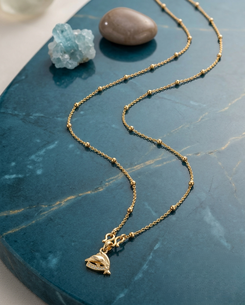 Gold-Plated Satellite Chain Necklace with Rhinestone Dolphin Pendant