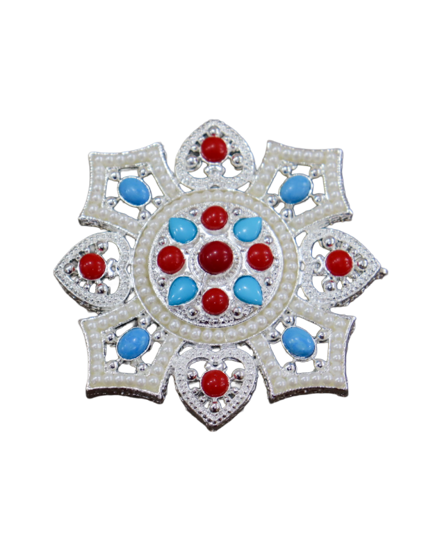 Silver-Plated Tibetan Star Ghau Amulet Pendant with Turquoise & Coral Beads