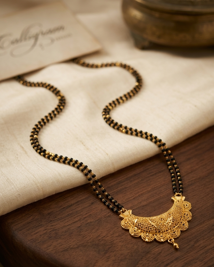 Gold-Plated Mangalsutra with Crescent-Shaped Pendant & Double-Layer Black Bead Chain