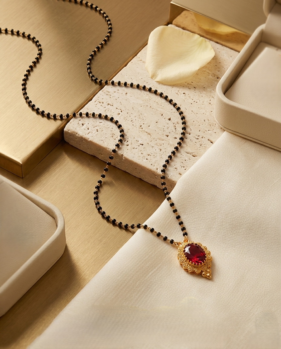 Gold-Plated Mangalsutra with Oval Red Stone Pendant & Black Beads