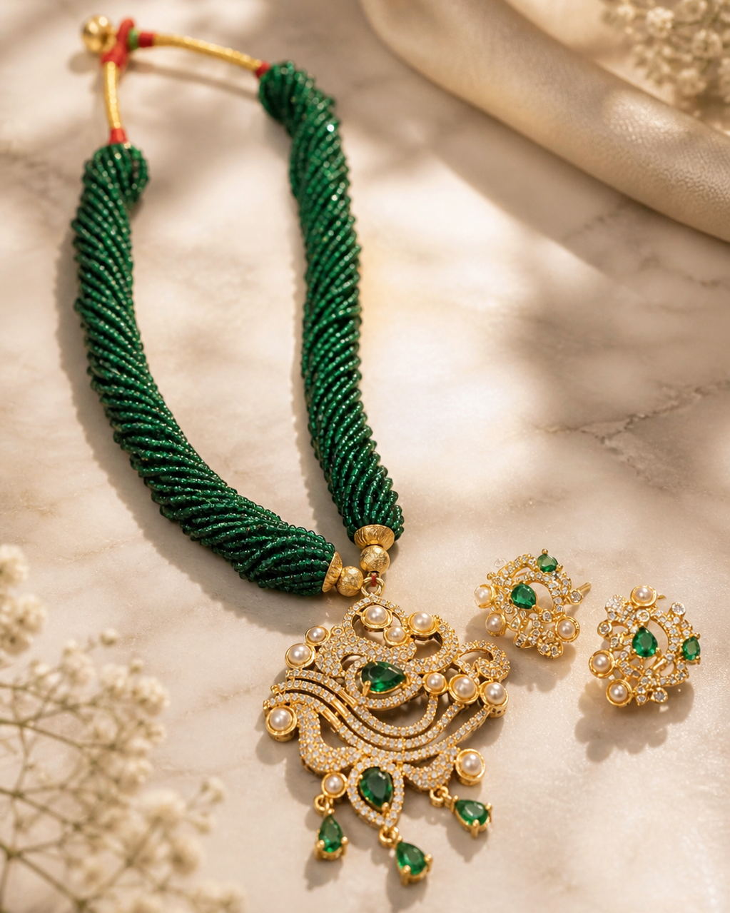 Fortunate Jewels Green Hydrocrystal Potey Beads Locket Set with Micro Gold-Plated Pendant