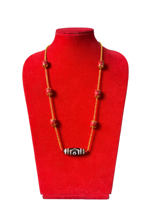 Gold-Plated Necklace with Red Beads & Central Dzi-Style Bead