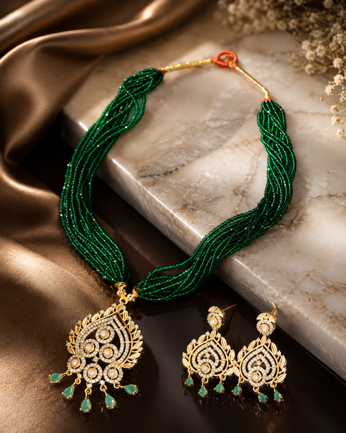Gold-Plated Green Pote Mala Necklace Set with American Diamond Pendant & Matching Earrings