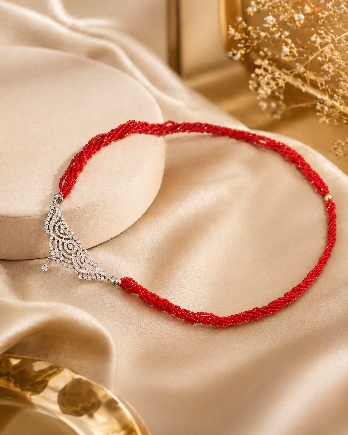 Silver-Plated Mangalsutra with American Diamond Stones & Red Beads