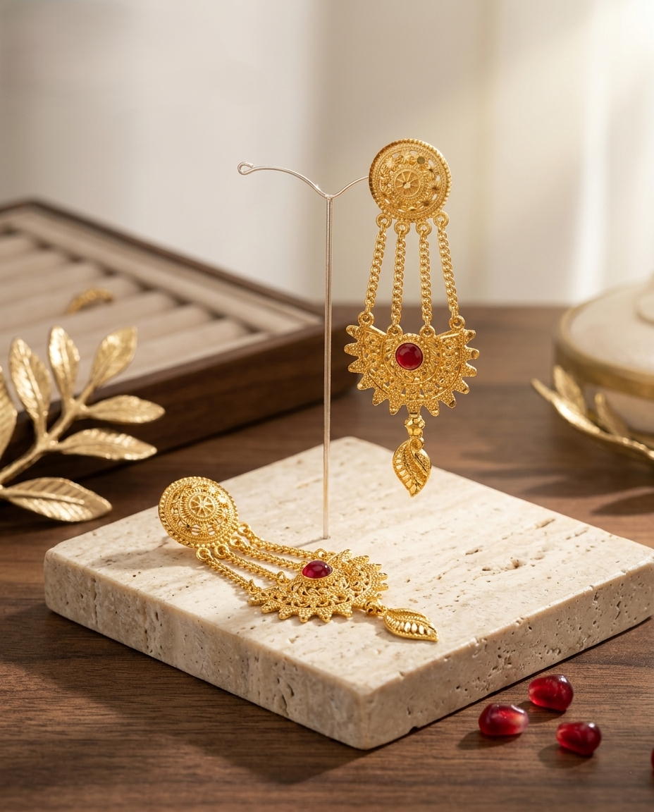 Gold-Plated Rani Haar Jhumka Earrings with Red Stone and Leaf Drop Design