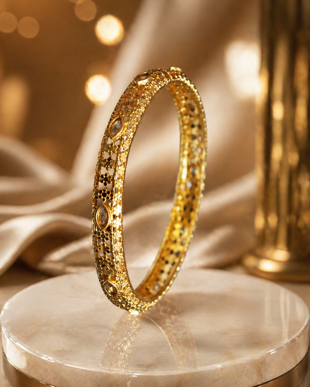 Gold-Plated Filigree Bangle with Embedded Stones for Women